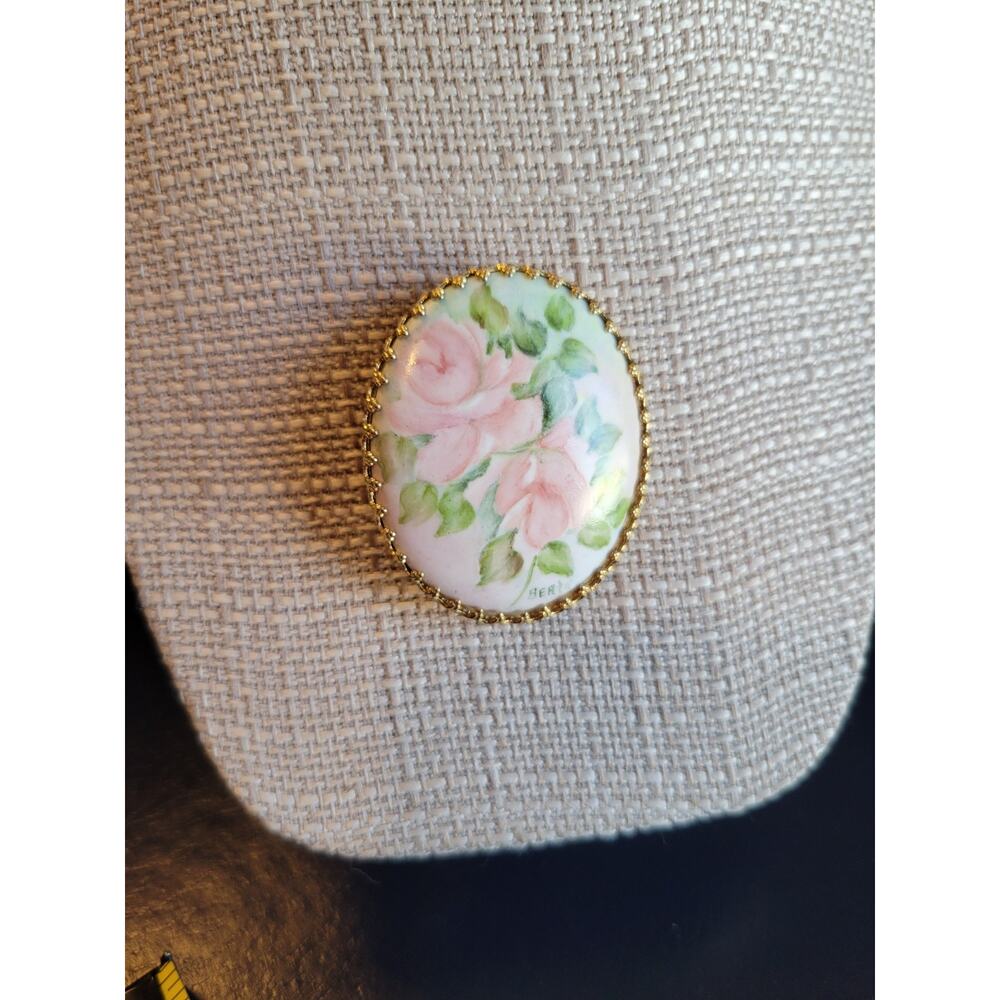 Floral Painted Ceramic Pendant Gold Tone Metal Trim/ Bone China